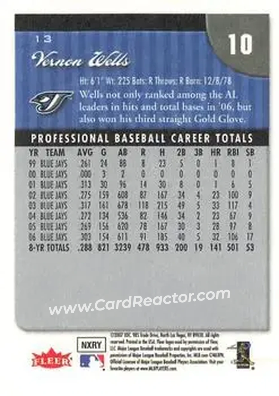 2007 Fleer #13 - Vernon Wells - Toronto Blue Jays - Back