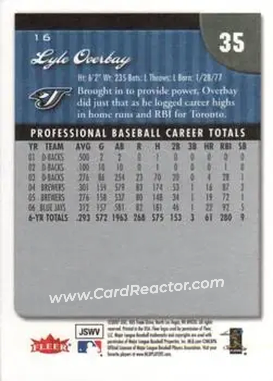 2007 Fleer #16 - Lyle Overbay - Toronto Blue Jays - Back