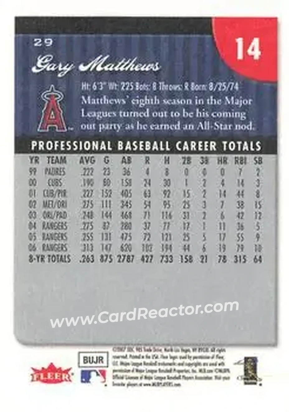 2007 Fleer #29 - Gary Matthews - Los Angeles Angels - Back