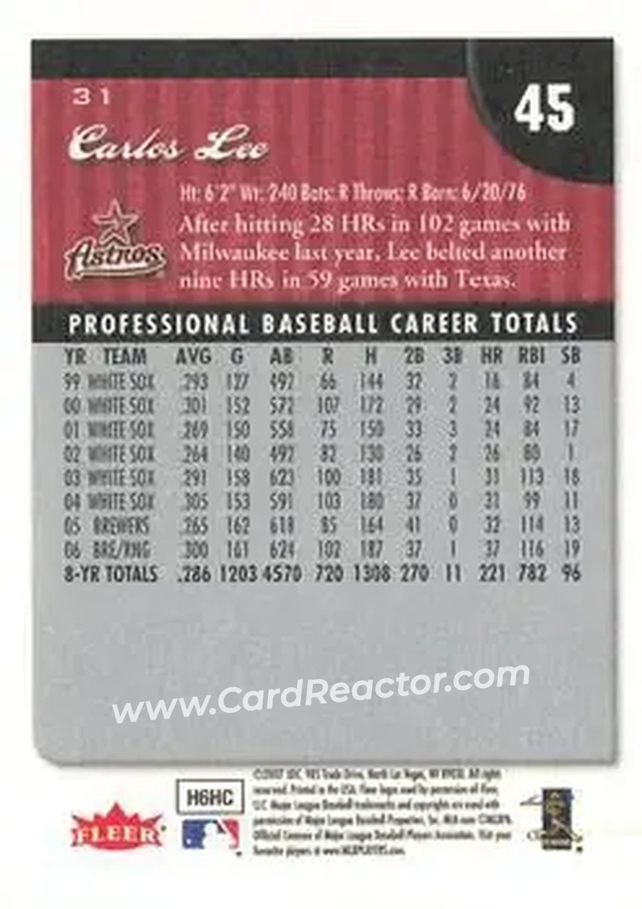 2007 Fleer #31 - Carlos Lee - Houston Astros - Back