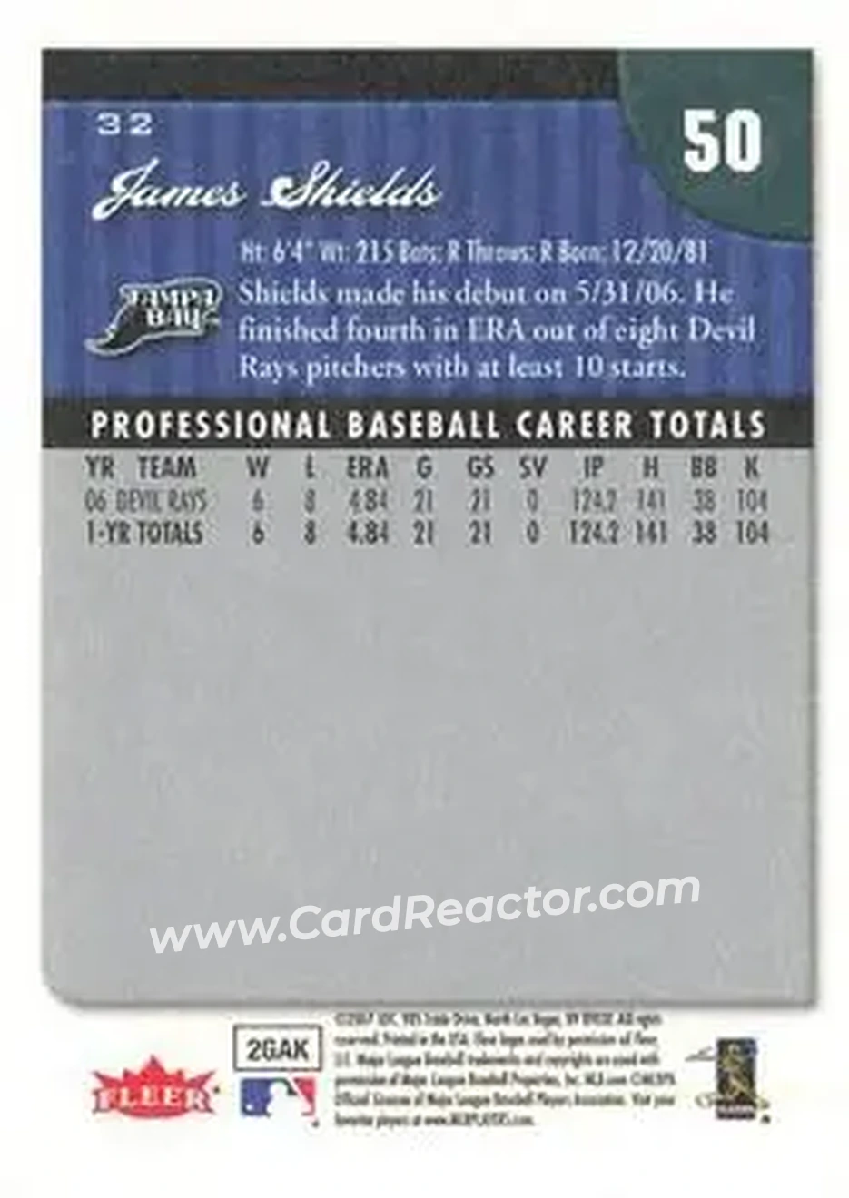 2007 Fleer #32 - James Shields - Tampa Bay Devil Rays - Back 2007 Fleer #32 - James Shields - Tampa Bay Devil Rays - Back