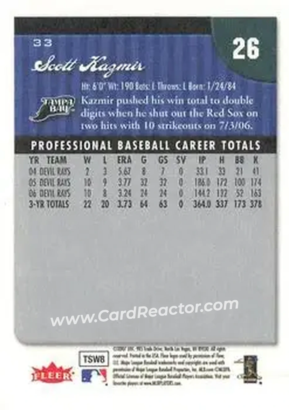 2007 Fleer #33 - Scott Kazmir - Tampa Bay Devil Rays - Back