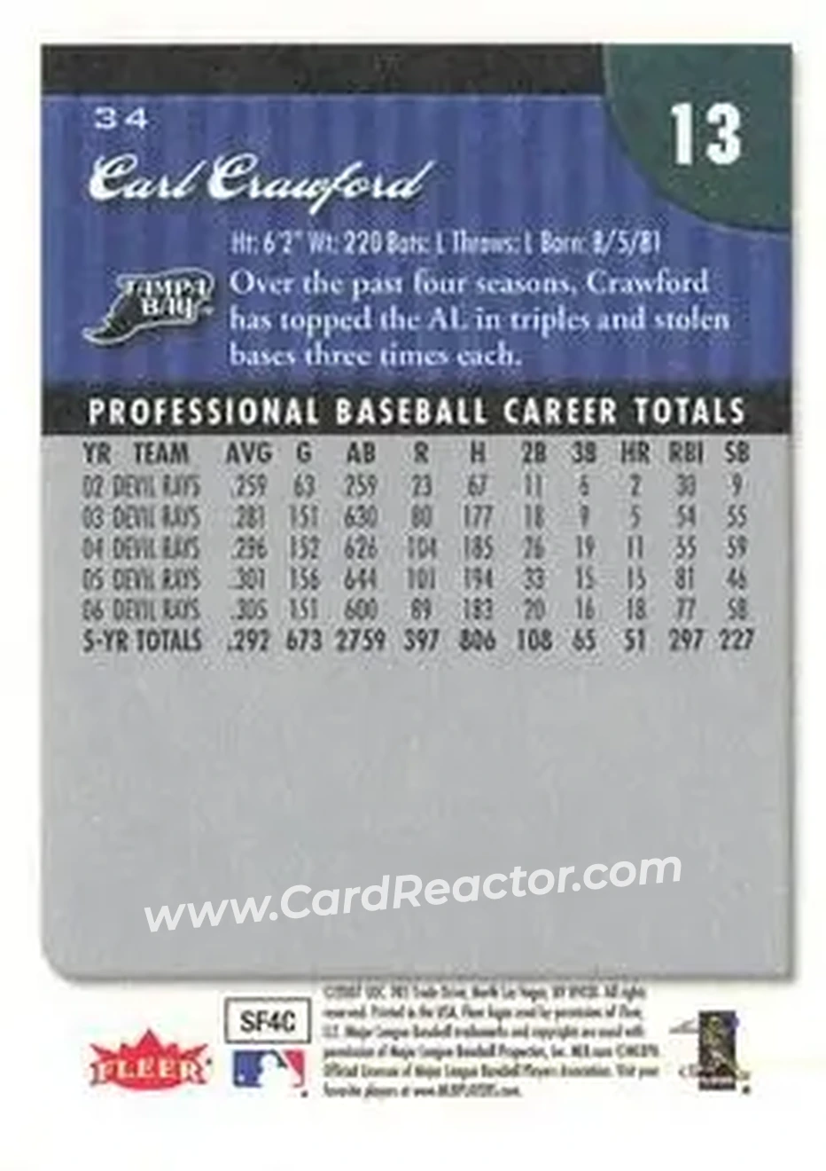 2007 Fleer #34 - Carl Crawford - Tampa Bay Devil Rays - Back