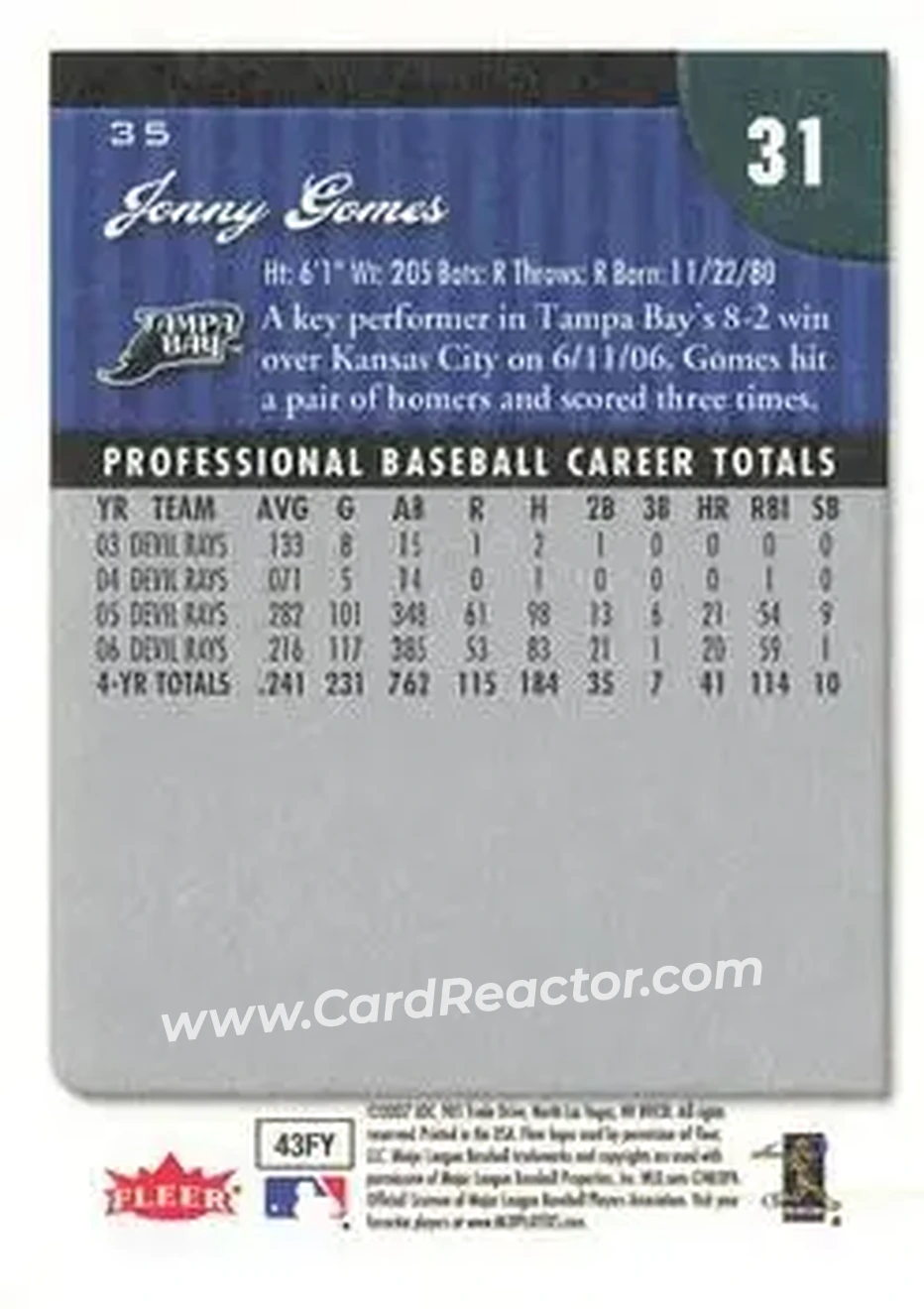 2007 Fleer #35 - Jonny Gomes - Tampa Bay Devil Rays - Back