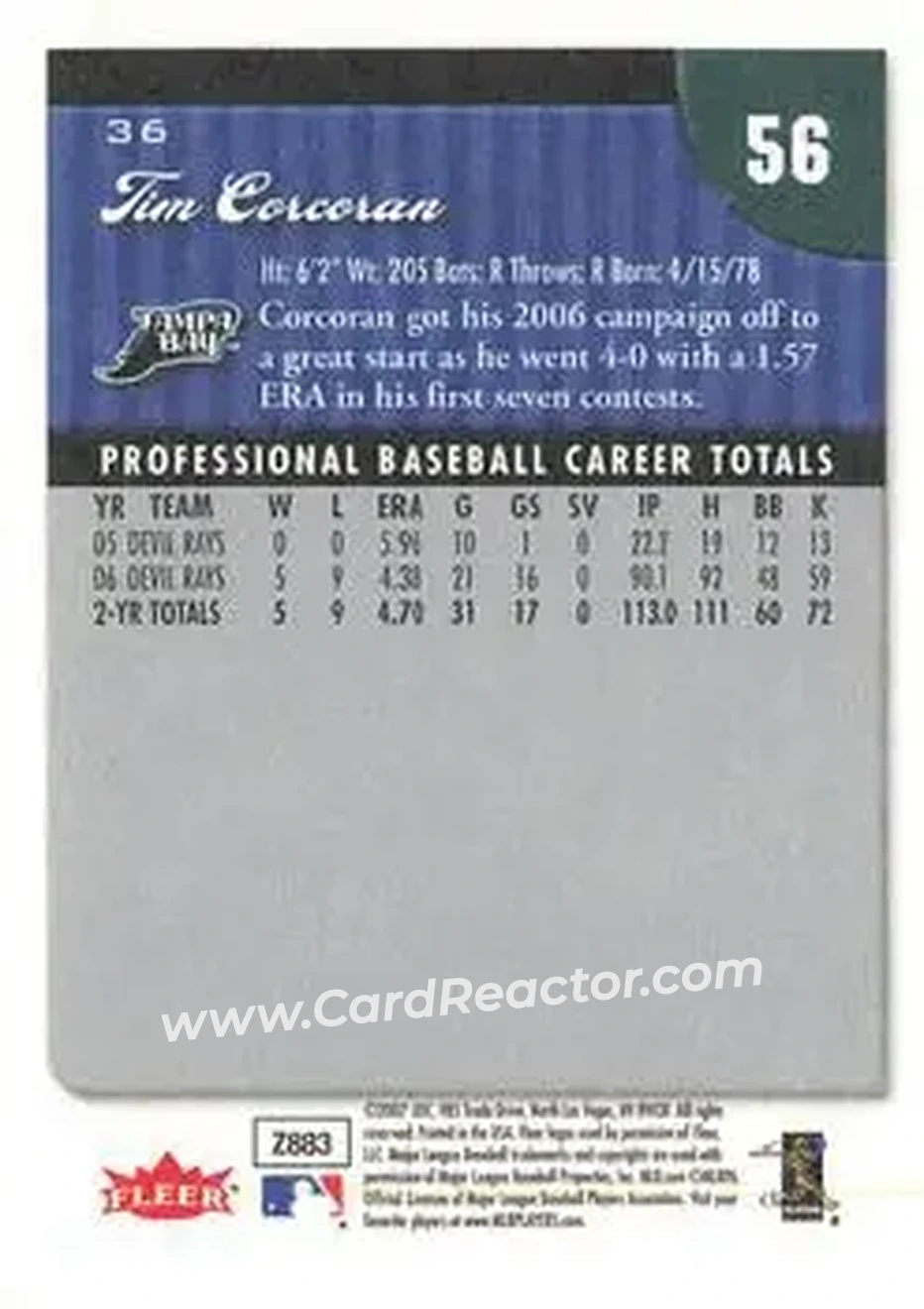 2007 Fleer #36 - Tim Corcoran - Tampa Bay Devil Rays - Back