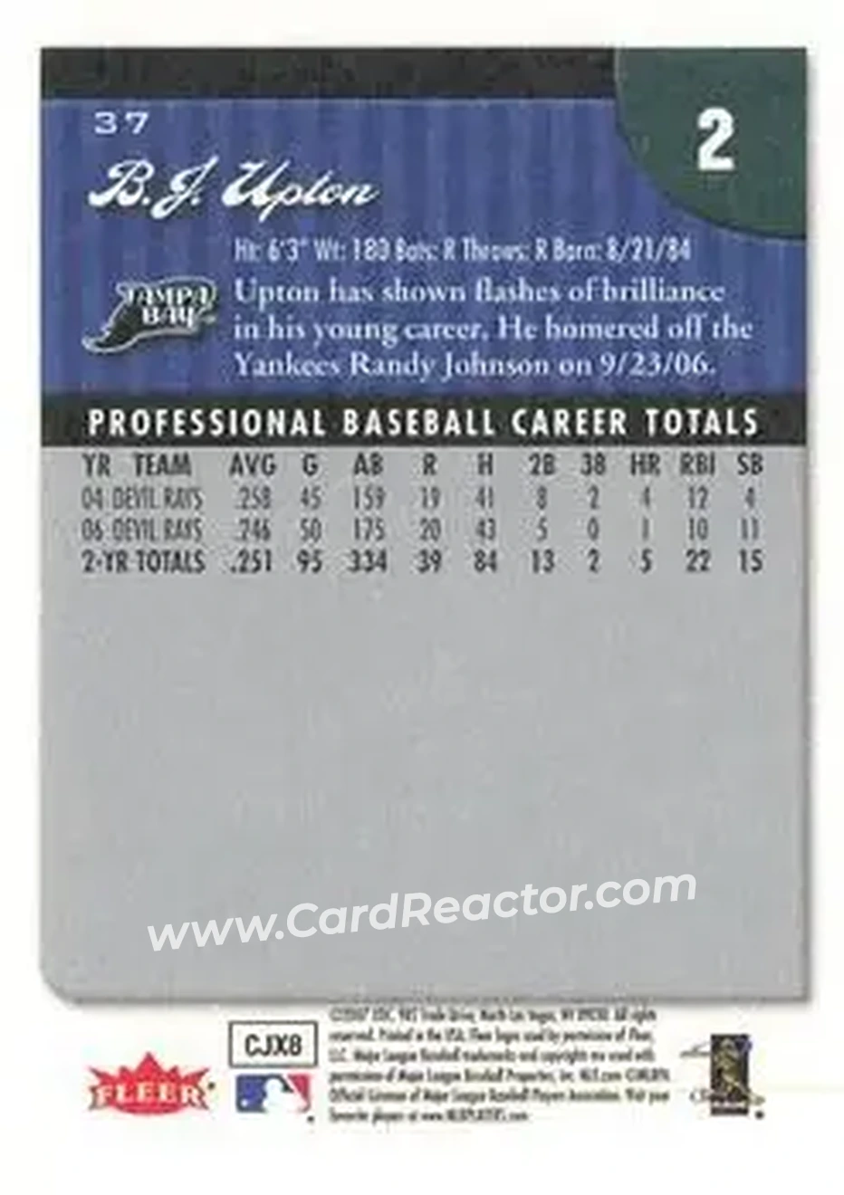 2007 Fleer #37 - B.J. Upton - Tampa Bay Devil Rays - Back