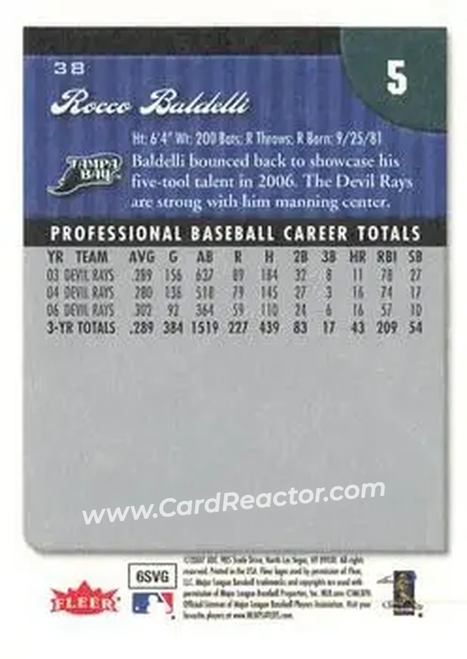 2007 Fleer #38 - Rocco Baldelli - Tampa Bay Devil Rays - Back