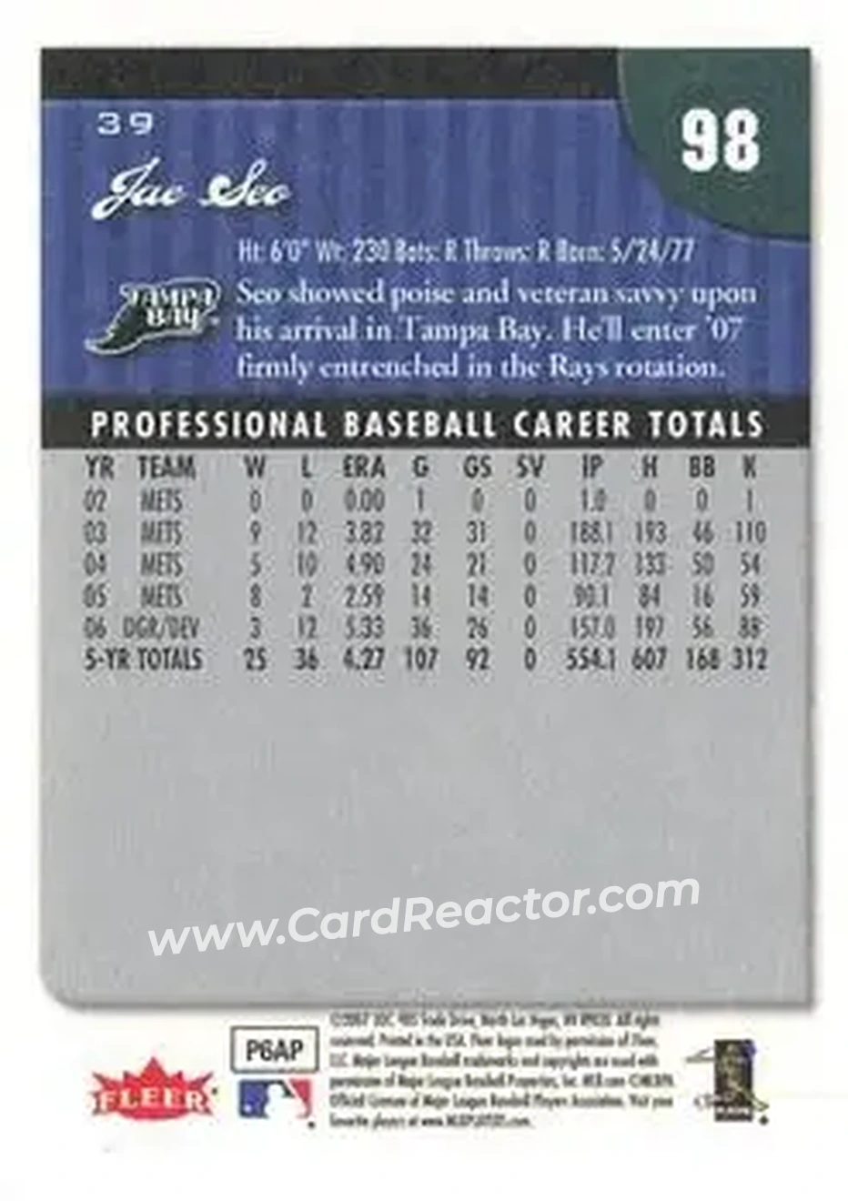 2007 Fleer #39 - Jae Seo - Tampa Bay Devil Rays - Back