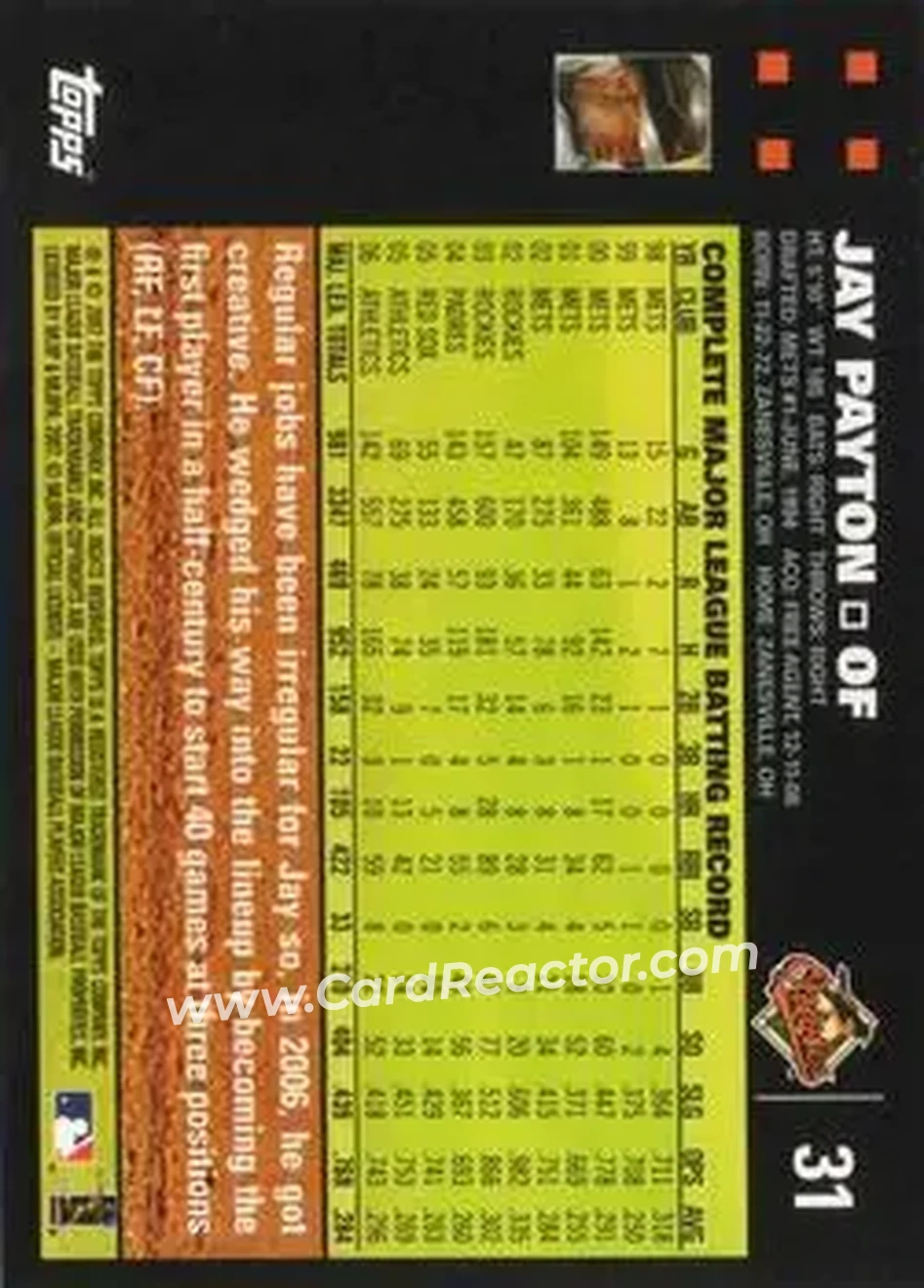 2007 Topps #31 - Jay Payton - Baltimore Orioles - Back