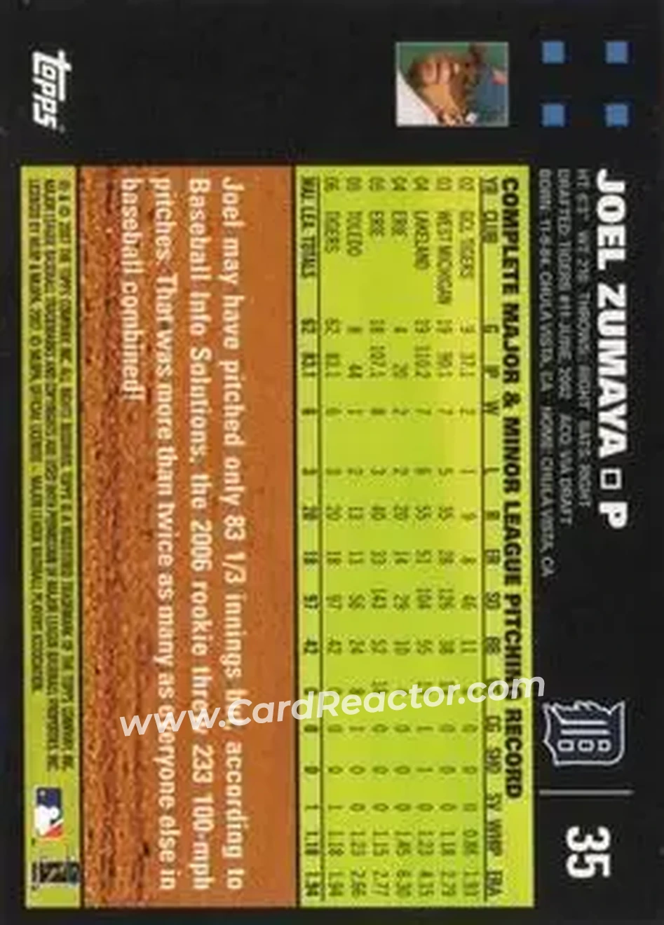 2007 Topps #35 - Joel Zumaya - Detroit Tigers - Back