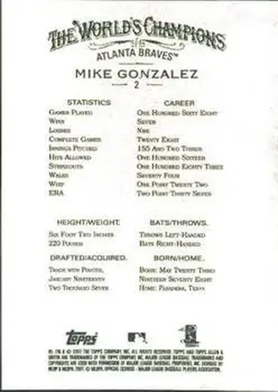 2007 Topps Allen & Ginter #2 - Michael Gonzalez - Atlanta Braves - Back
