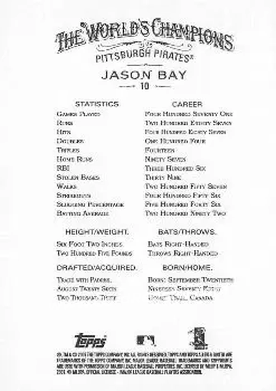 2007 Topps Allen & Ginter #10 - Jason Bay - Pittsburgh Pirates - Back 2007 Topps Allen & Ginter #10 - Jason Bay - Pittsburgh Pirates - Back