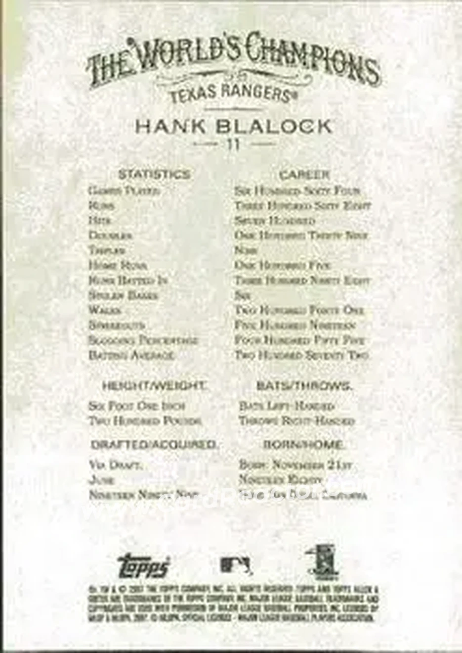2007 Topps Allen & Ginter #11 - Hank Blalock - Texas Rangers - Back