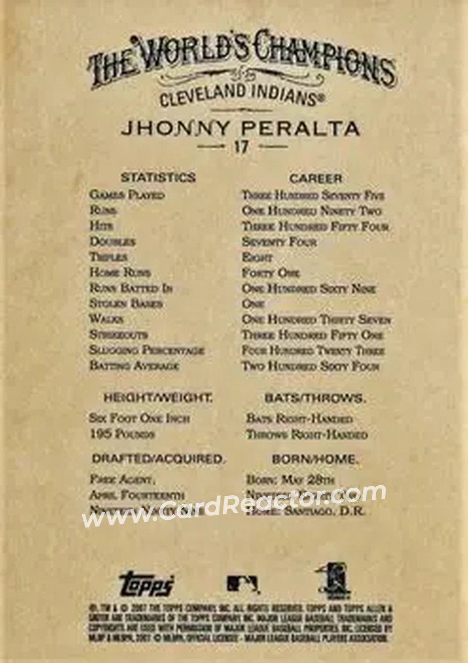 2007 Topps Allen & Ginter #17 - Jhonny Peralta - Cleveland Indians - Back