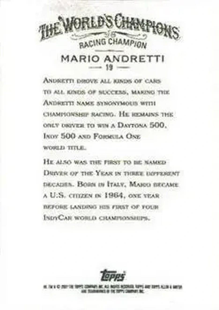 2007 Topps Allen & Ginter #19 - Mario Andretti - Back 2007 Topps Allen & Ginter #19 - Mario Andretti - Back