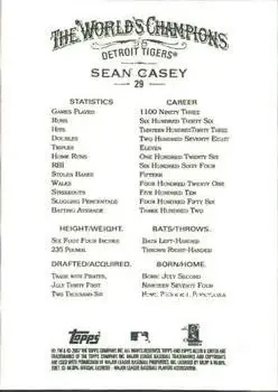 2007 Topps Allen & Ginter #29 - Sean Casey - Detroit Tigers - Back 2007 Topps Allen & Ginter #29 - Sean Casey - Detroit Tigers - Back