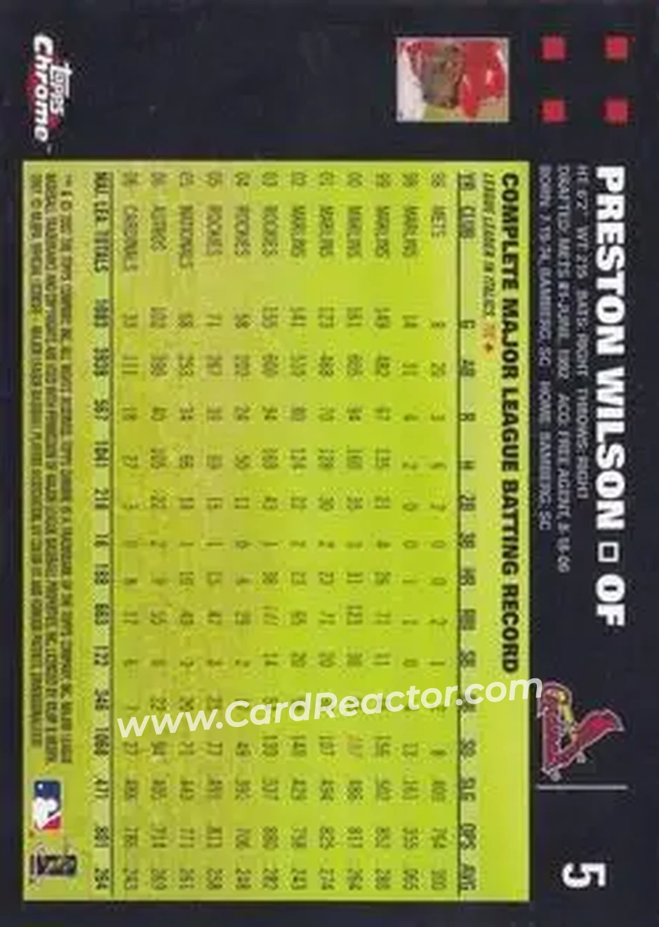 2007 Topps Chrome #5 - Preston Wilson - St. Louis Cardinals - Back