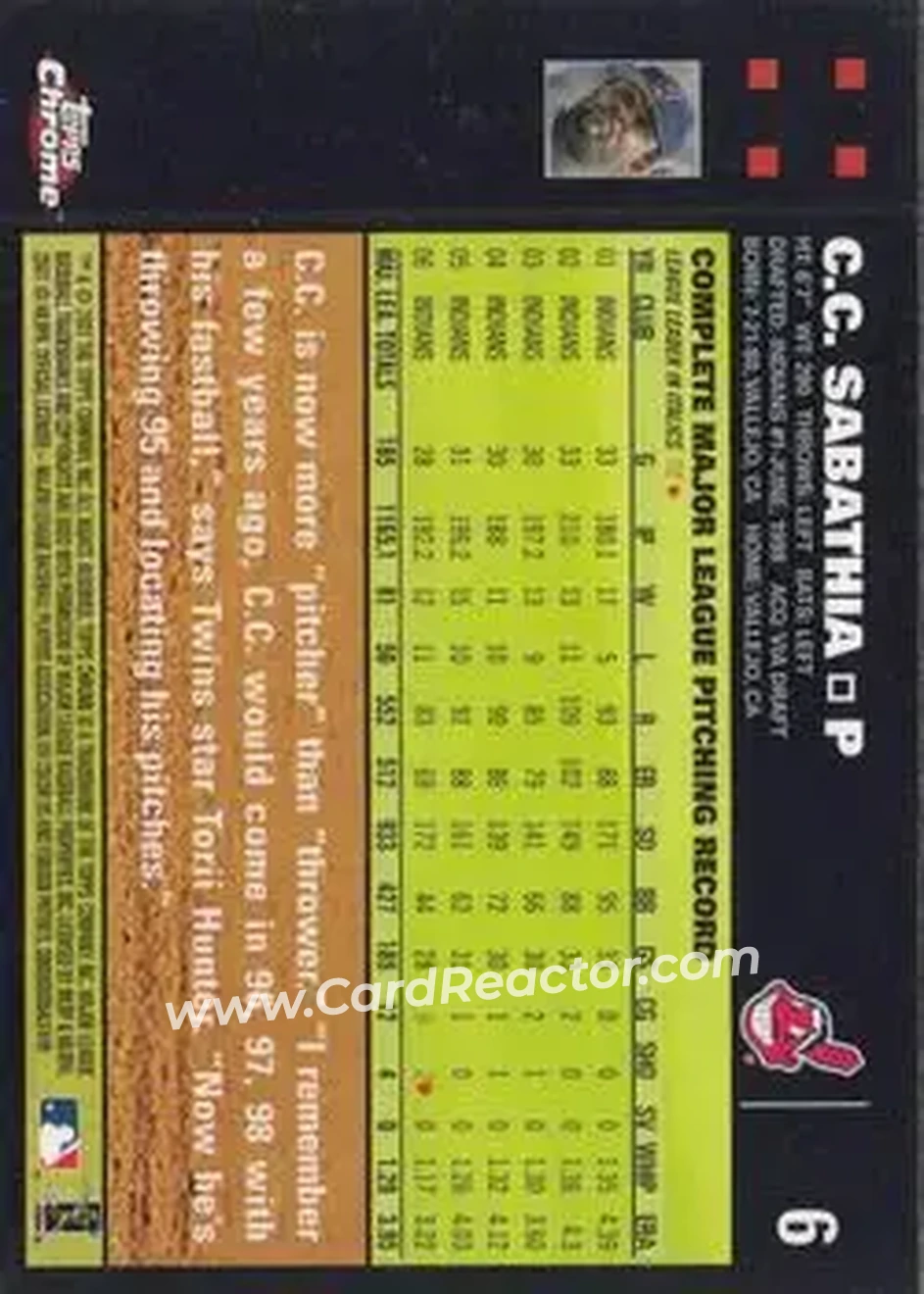 2007 Topps Chrome #6 - CC Sabathia - Cleveland Indians - Back