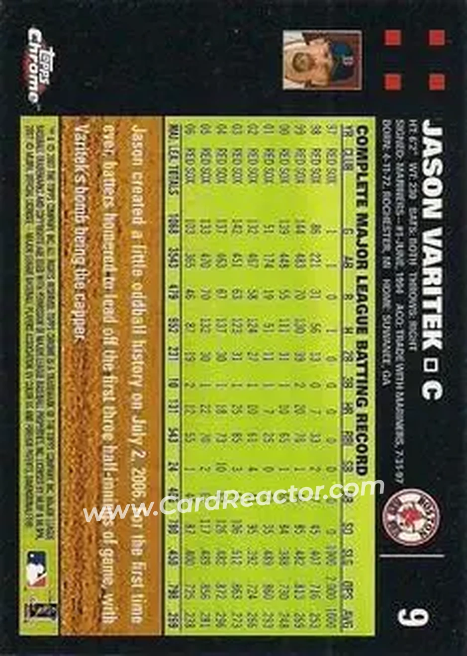 2007 Topps Chrome #9 - Jason Varitek - Boston Red Sox - Back
