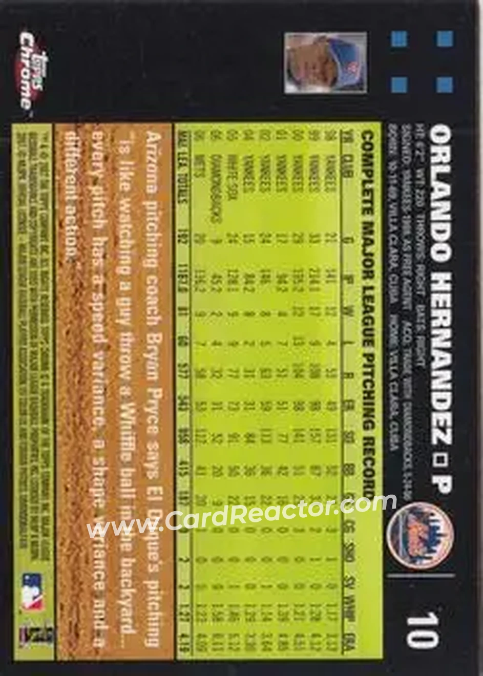 2007 Topps Chrome #10 - Orlando Hernandez - New York Mets - Back 2007 Topps Chrome #10 - Orlando Hernandez - New York Mets - Back