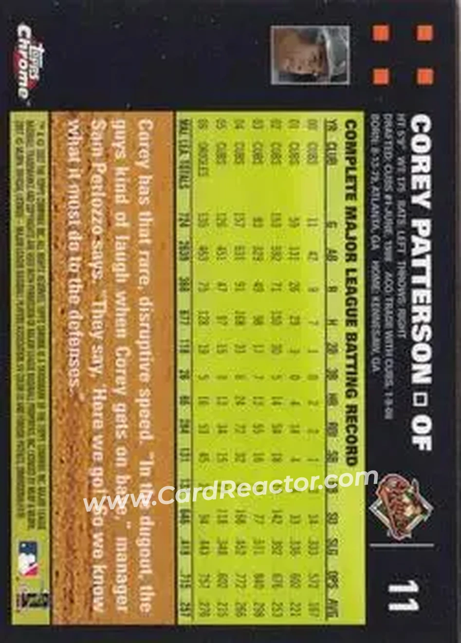 2007 Topps Chrome #11 - Corey Patterson - Baltimore Orioles - Back