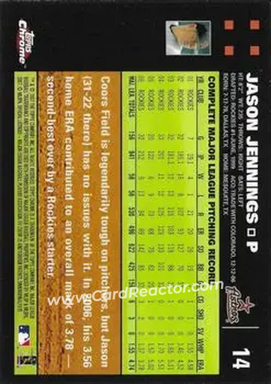 2007 Topps Chrome #14 - Jason Jennings - Houston Astros - Back 2007 Topps Chrome #14 - Jason Jennings - Houston Astros - Back