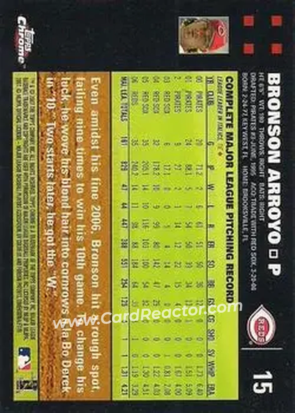 2007 Topps Chrome #15 - Bronson Arroyo - Cincinnati Reds - Back