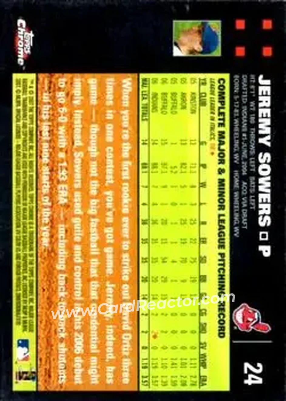 2007 Topps Chrome #24 - Jeremy Sowers - Cleveland Indians - Back