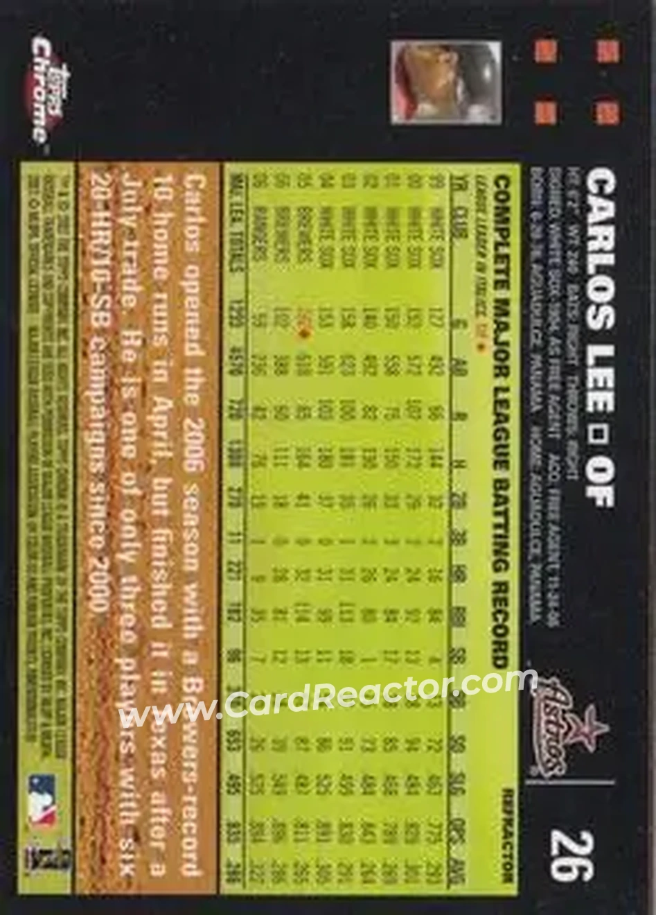 2007 Topps Chrome #26 - Carlos Lee - Houston Astros - Back 2007 Topps Chrome #26 - Carlos Lee - Houston Astros - Back