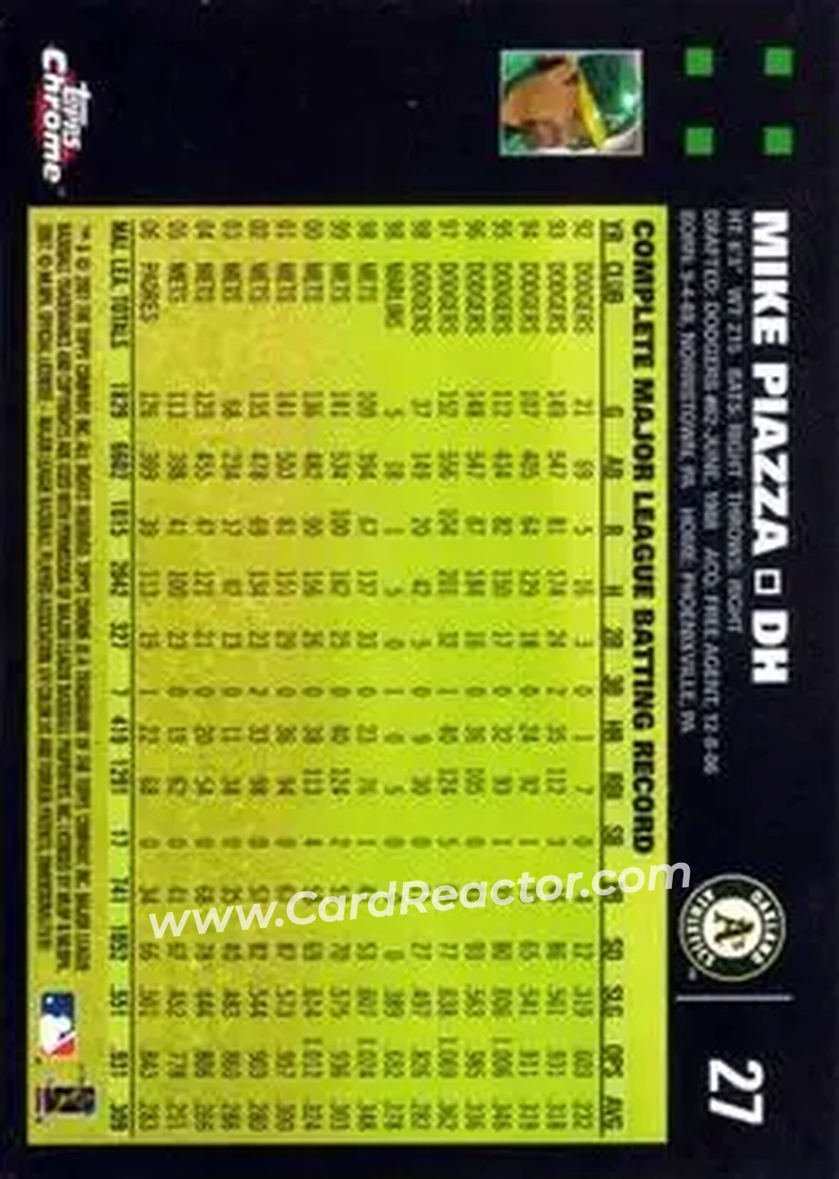 2007 Topps Chrome #27 - Mike Piazza - Oakland Athletics - Back