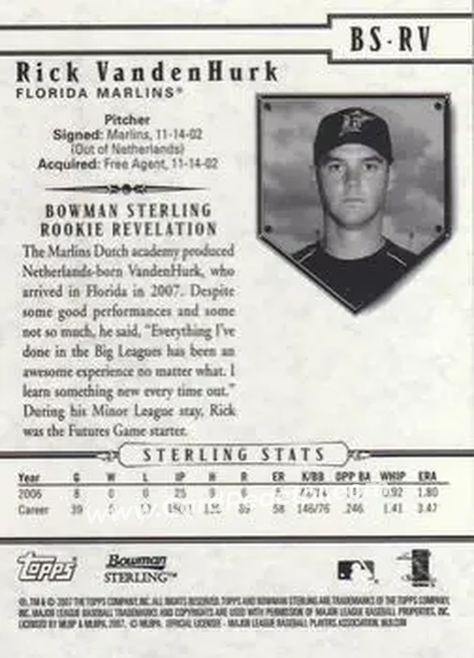 2007 Bowman Sterling #BS-RV - Rick van den Hurk - Florida Marlins - Back