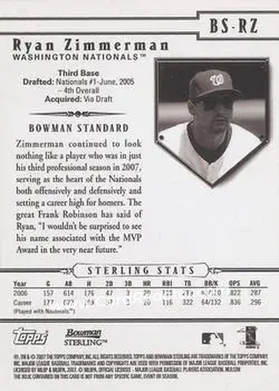 2007 Bowman Sterling #BS-RZ - Ryan Zimmerman - Washington Nationals - Back 2007 Bowman Sterling #BS-RZ - Ryan Zimmerman - Washington Nationals - Back