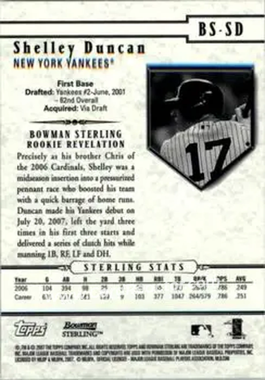 2007 Bowman Sterling #BS-SD - Shelley Duncan - New York Yankees - Back