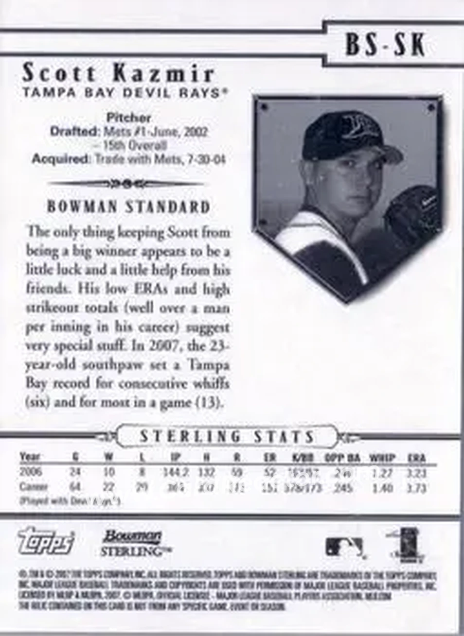 2007 Bowman Sterling #BS-SK - Scott Kazmir - Tampa Bay Devil Rays - Back