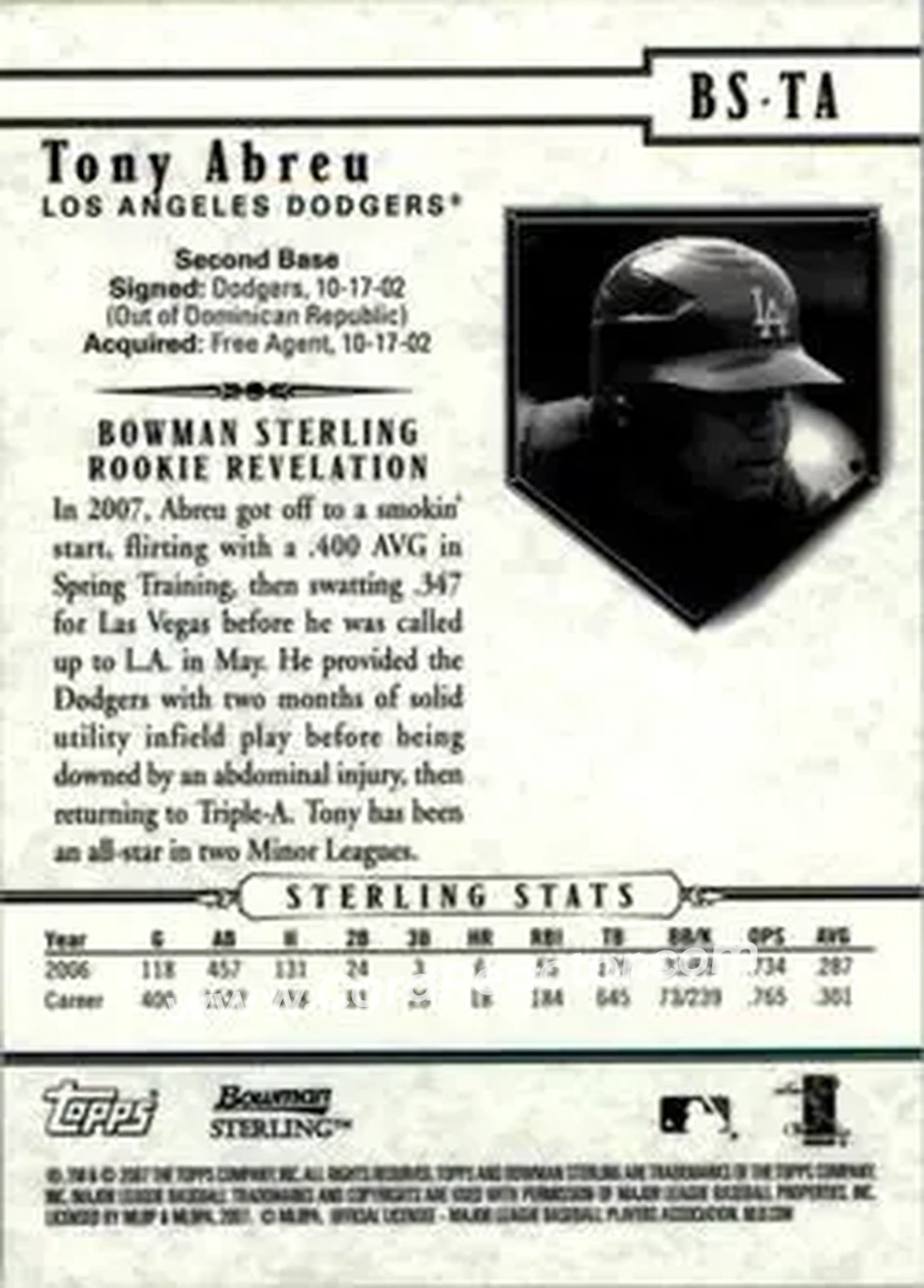 2007 Bowman Sterling #BS-TA - Tony Abreu - Los Angeles Dodgers - Back 2007 Bowman Sterling #BS-TA - Tony Abreu - Los Angeles Dodgers - Back
