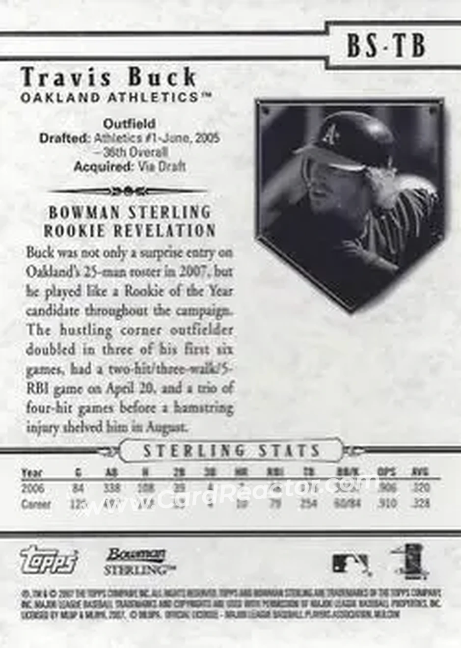 2007 Bowman Sterling #BS-TB - Travis Buck - Oakland Athletics - Back 2007 Bowman Sterling #BS-TB - Travis Buck - Oakland Athletics - Back