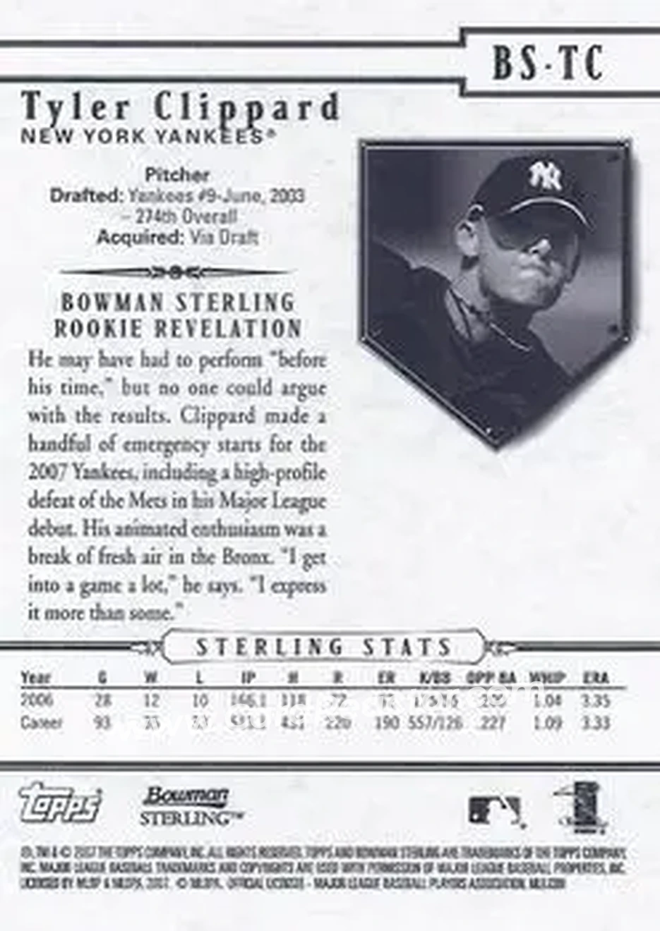2007 Bowman Sterling #BS-TC - Tyler Clippard - New York Yankees - Back
