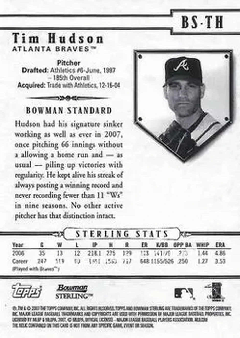 2007 Bowman Sterling #BS-TH - Tim Hudson - Atlanta Braves - Back