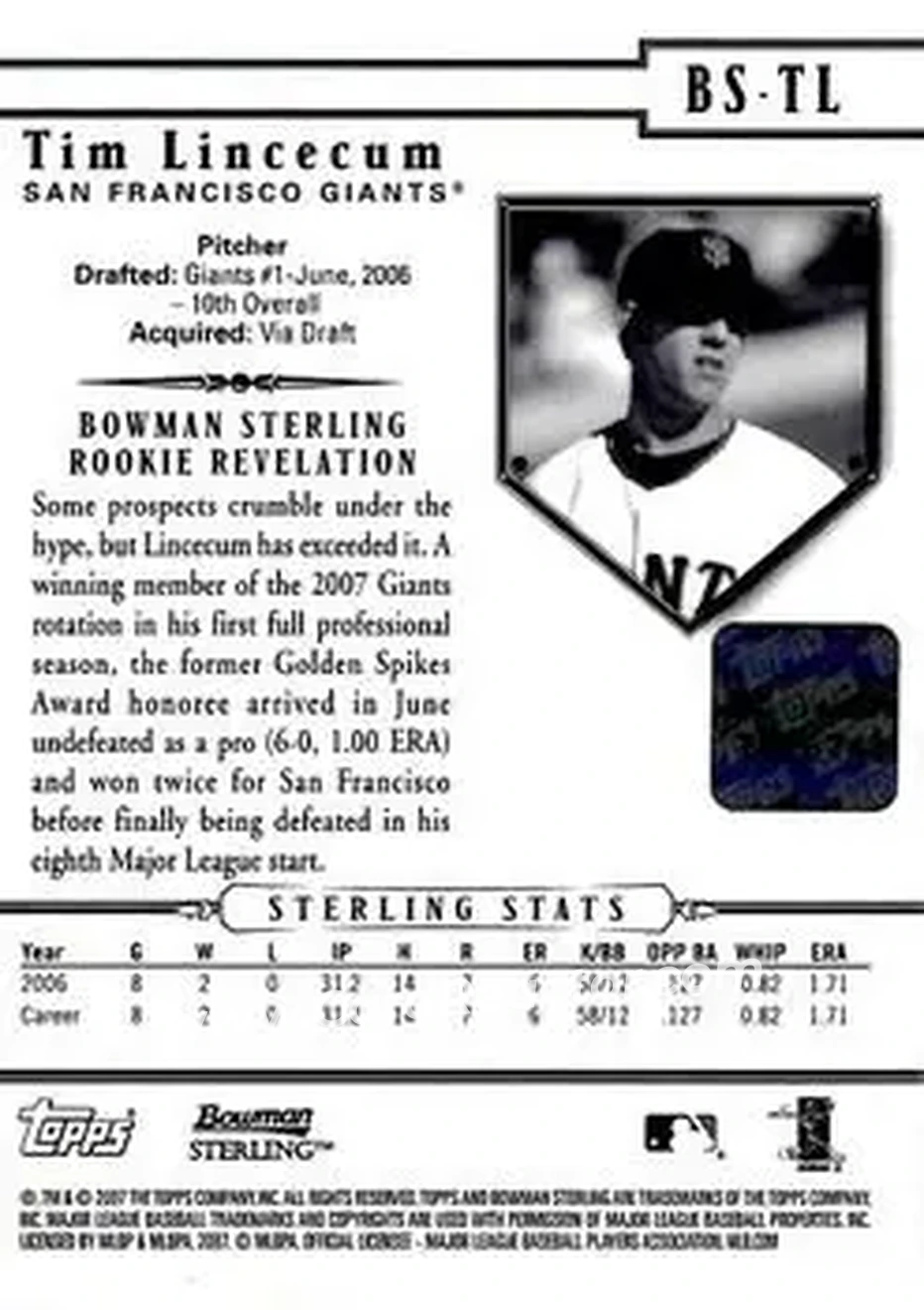 2007 Bowman Sterling #BS-TL - Tim Lincecum - San Francisco Giants - Back