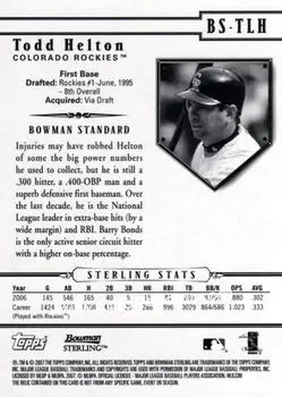 2007 Bowman Sterling #BS-TLH - Todd Helton - Colorado Rockies - Back
