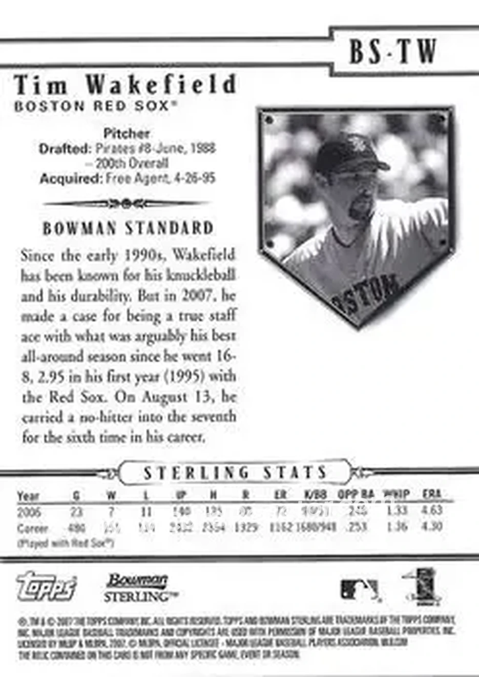 2007 Bowman Sterling #BS-TW - Tim Wakefield - Boston Red Sox - Back 2007 Bowman Sterling #BS-TW - Tim Wakefield - Boston Red Sox - Back