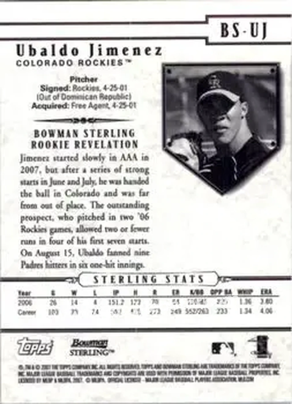2007 Bowman Sterling #BS-UJ - Ubaldo Jimenez - Colorado Rockies - Back 2007 Bowman Sterling #BS-UJ - Ubaldo Jimenez - Colorado Rockies - Back