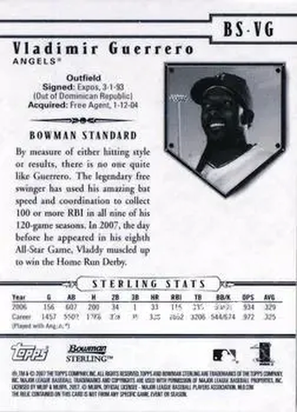 2007 Bowman Sterling #BS-VG - Vladimir Guerrero - Los Angeles Angels - Back