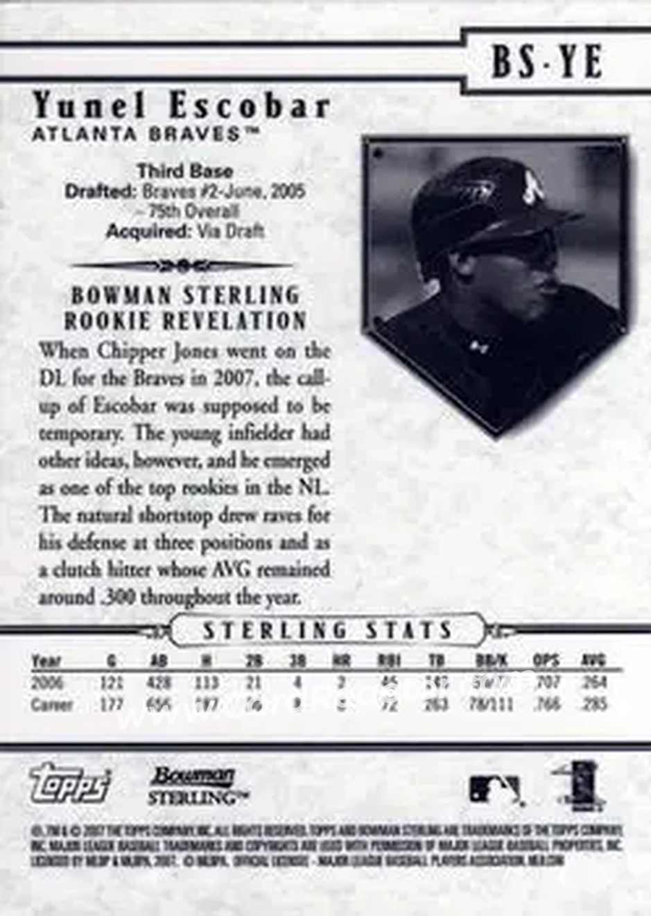 2007 Bowman Sterling #BS-YE - Yunel Escobar - Atlanta Braves - Back 2007 Bowman Sterling #BS-YE - Yunel Escobar - Atlanta Braves - Back