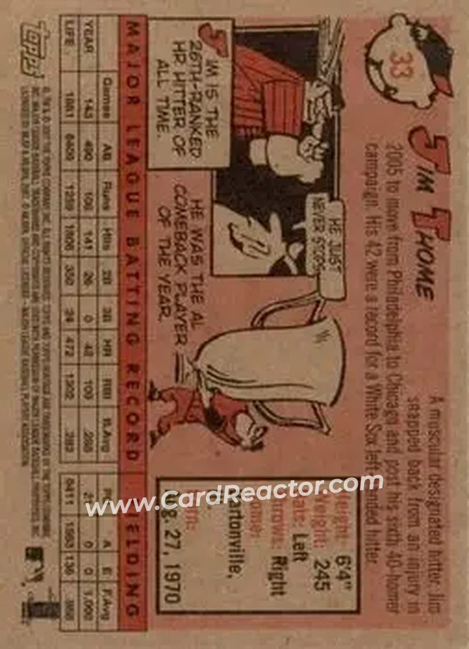 2007 Topps Heritage #33b - Jim Thome - Chicago White Sox - Back