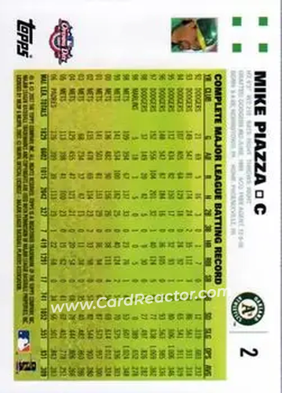 2007 Topps Opening Day #2 - Mike Piazza - Oakland Athletics - Back