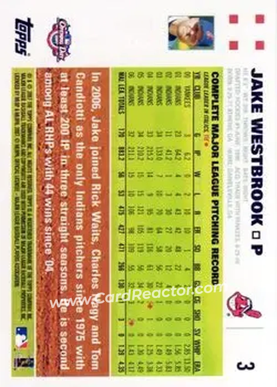 2007 Topps Opening Day #3 - Jake Westbrook - Cleveland Indians - Back 2007 Topps Opening Day #3 - Jake Westbrook - Cleveland Indians - Back