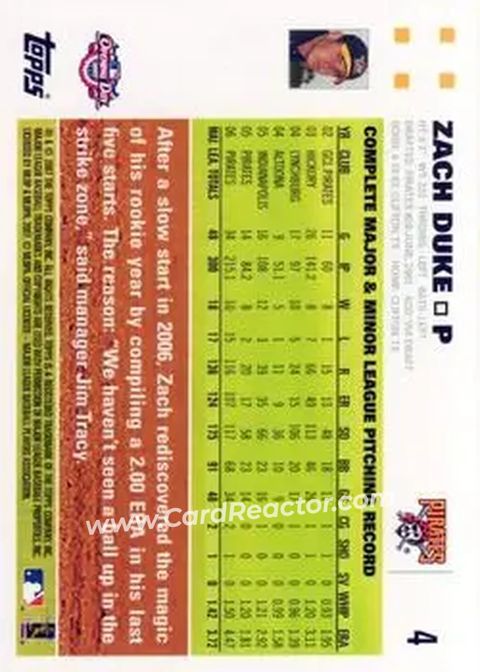 2007 Topps Opening Day #4 - Zach Duke - Pittsburgh Pirates - Back