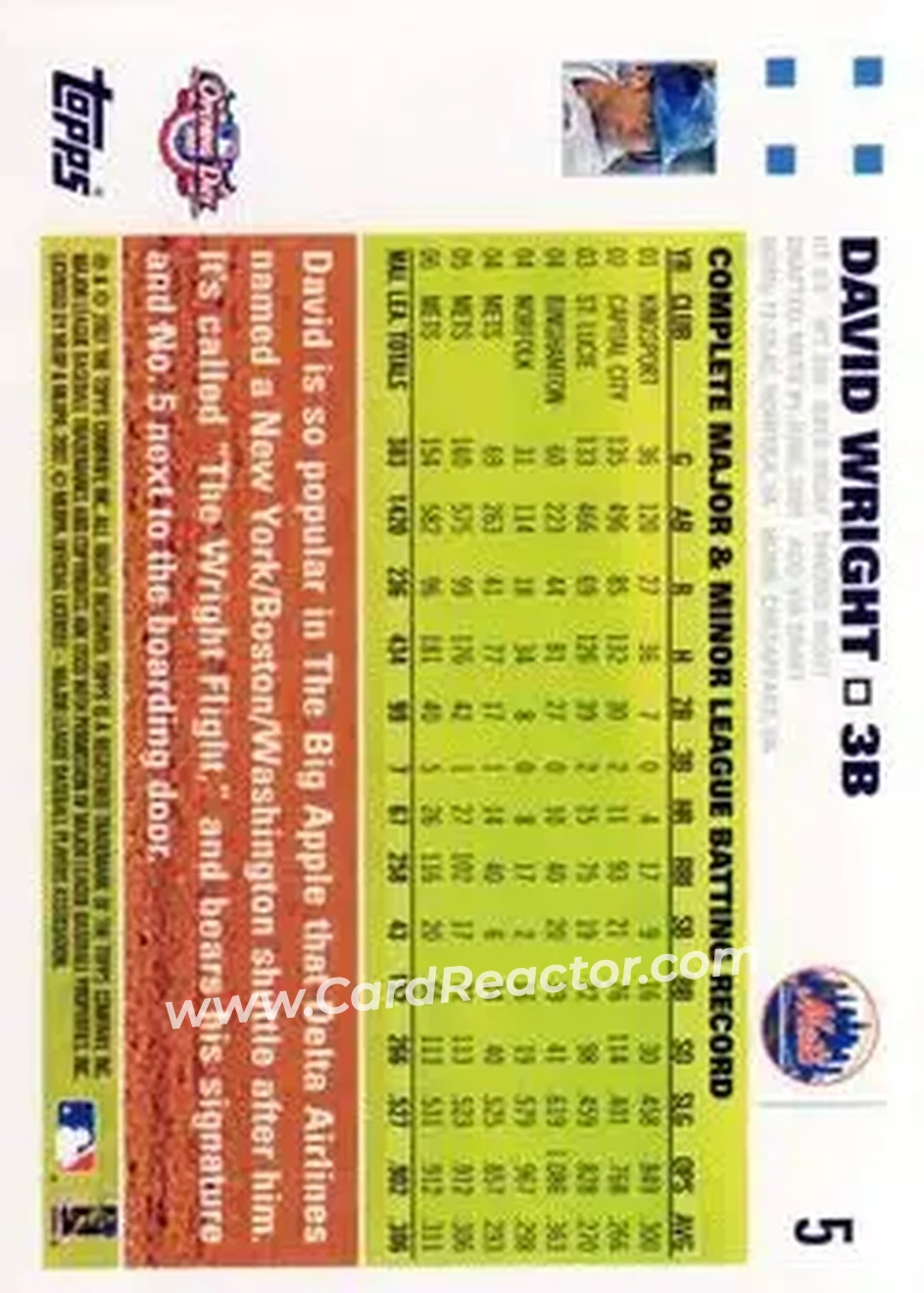 2007 Topps Opening Day #5 - David Wright - New York Mets - Back