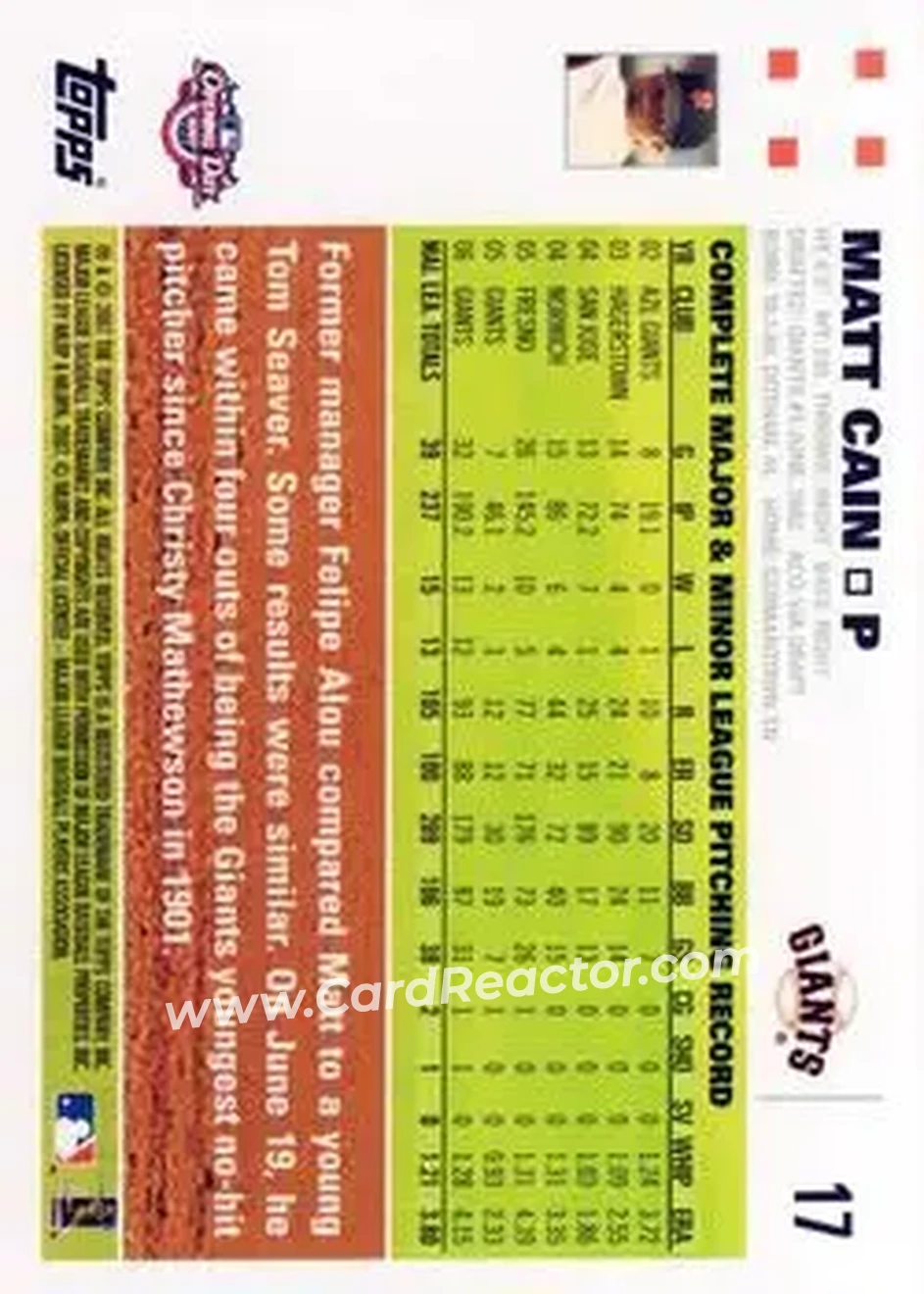 2007 Topps Opening Day #17 - Matt Cain - San Francisco Giants - Back 2007 Topps Opening Day #17 - Matt Cain - San Francisco Giants - Back
